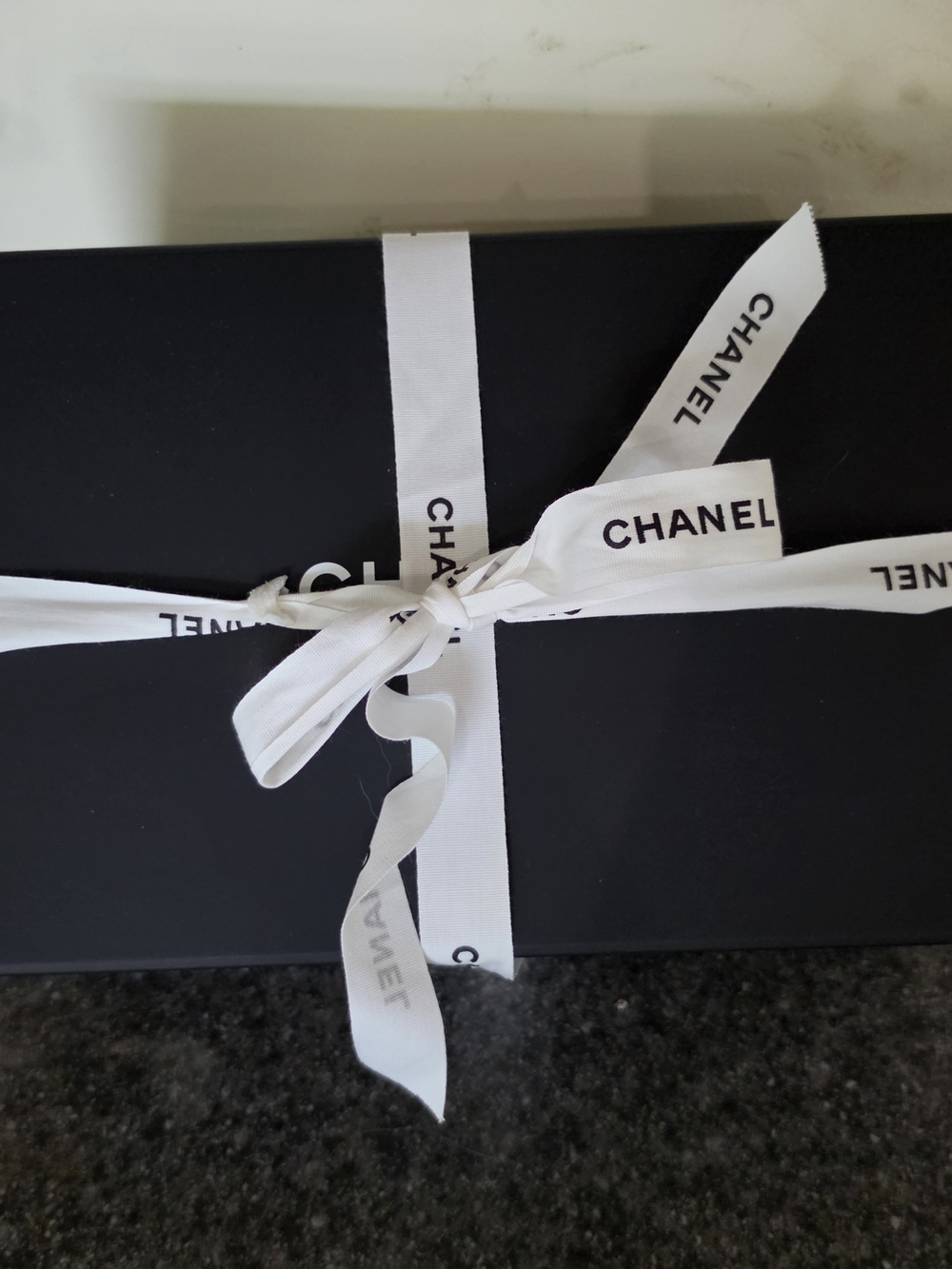 CHANEL Black Gift Box with White Logo Ribbon